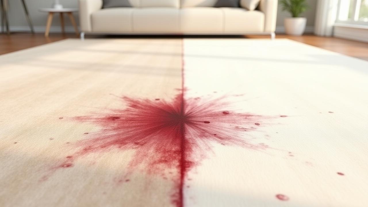 Before and after of a stained carpet, showing remarkable transformation after professional cleaning by Lemony Cleaning