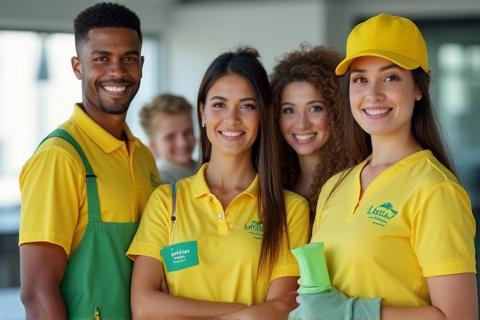 A diverse team of friendly, smiling Lemony Cleaning professionals in clean uniforms.