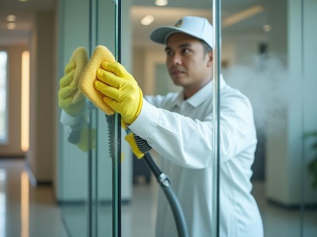 Lemony Cleaning specialist using microfiber cloth and steam cleaner in a modern, clean environment