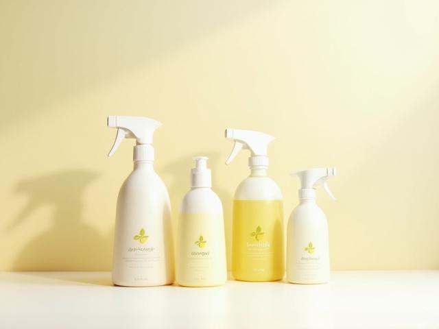 Variety of eco-friendly cleaning product bottles, clearly labelled, on a clean surface