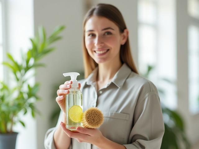 Cleaner holding eco-friendly cleaning products in a bright, modern room.
