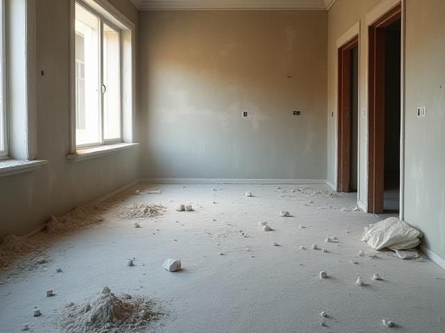 Dusty, debris-strewn room after construction