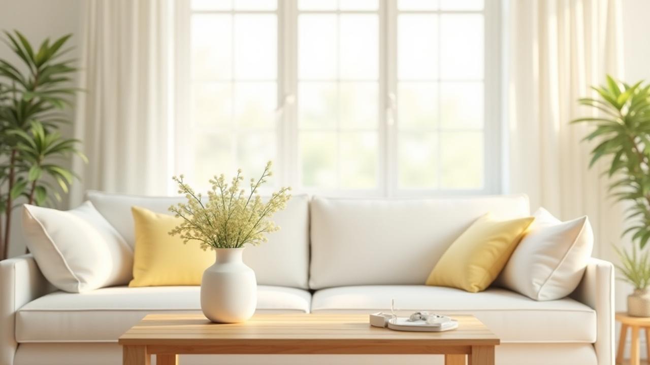 A warm, inviting image of a clean and tidy living room with natural light streaming in, showcasing a spotless sofa, polished wooden table, and subtle floral arrangement, suggesting a freshly cleaned home.
